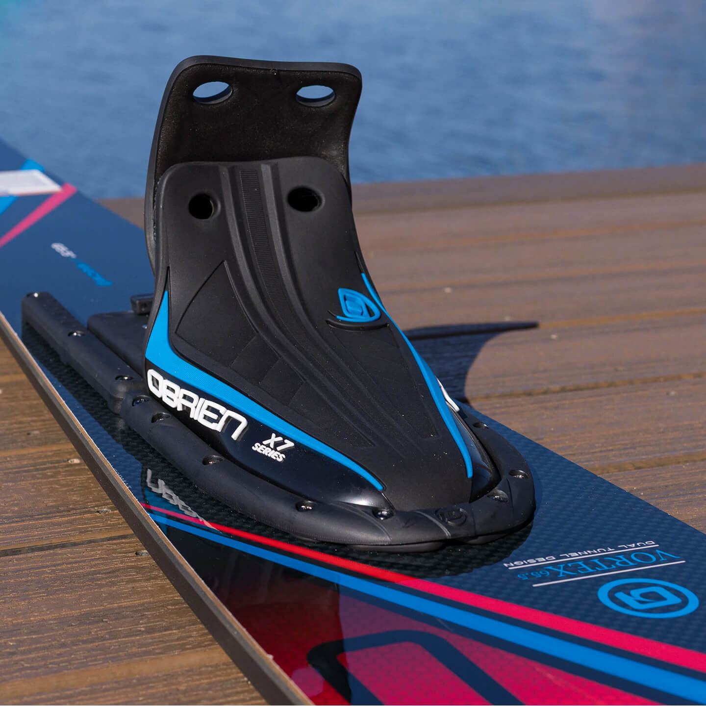 O'Brien Vortex 65" Combo Waterskis 2026 water skis top view showing the ski graphics and bindings