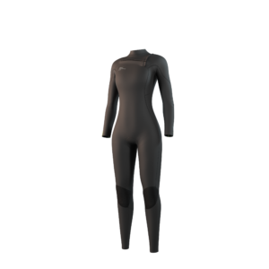Front-facing studio photo of the Mystic Evolve 4/3mm Fullsuit women's wetsuit in Black, showing the front-zip closure.