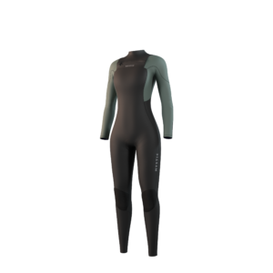 Front-facing studio photo of the Mystic Star 3/2mm Fullsuit women's wetsuit in Dark Olive, showing the front-zip closure.