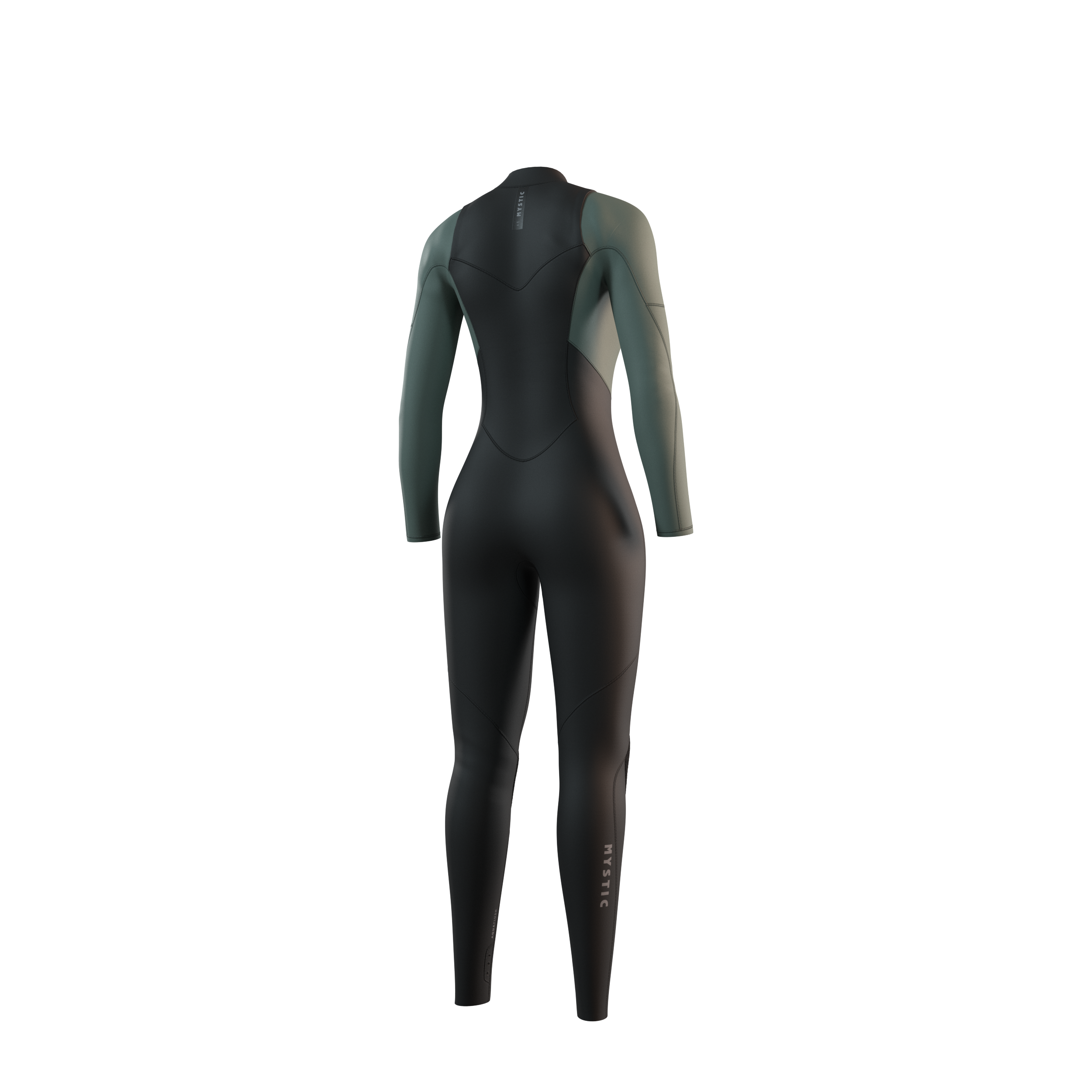 Back view of the Mystic Star 3/2mm Fullsuit women's wetsuit in Dark Olive, showing the rear panel design.