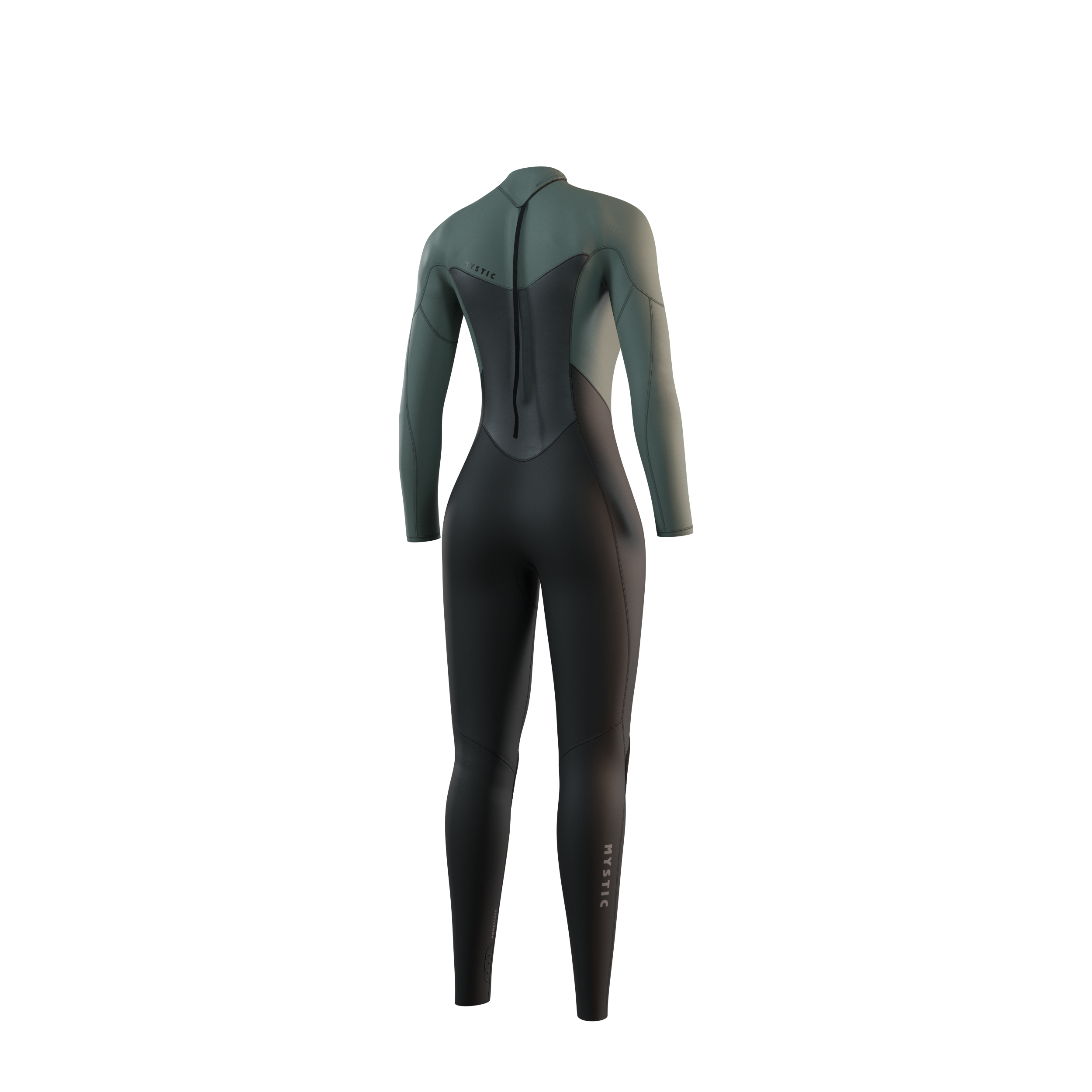 Back view of the Mystic Star 3/2mm Fullsuit women's wetsuit in Dark Olive, showing the rear panel design.