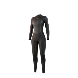 Front-facing studio photo of the Mystic Brand 3/2mm Fullsuit women's wetsuit in Black, showing the back-zip closure.
