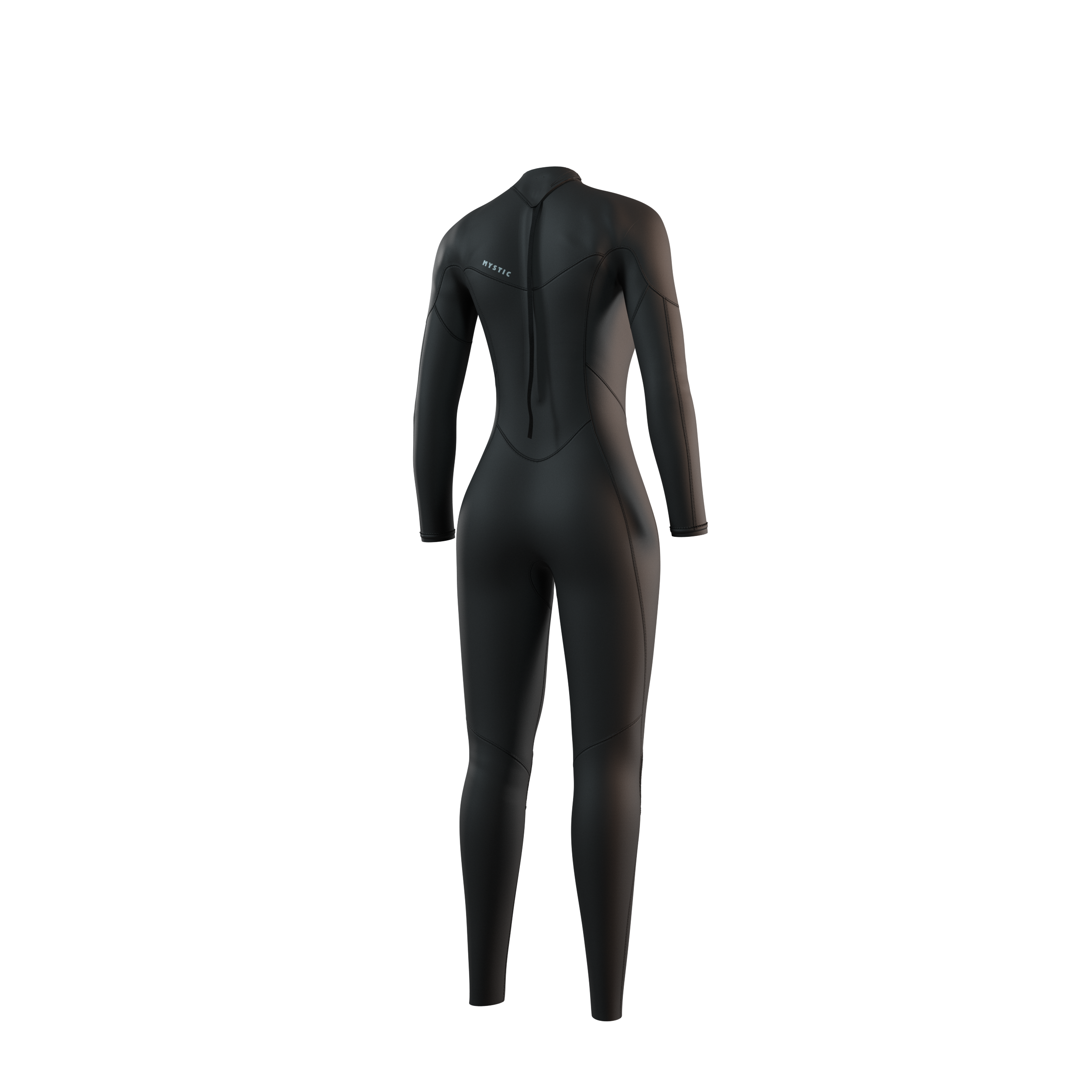 Close-up detail shot of the back-zip on the Mystic Brand 3/2mm Fullsuit women's wetsuit in Black.