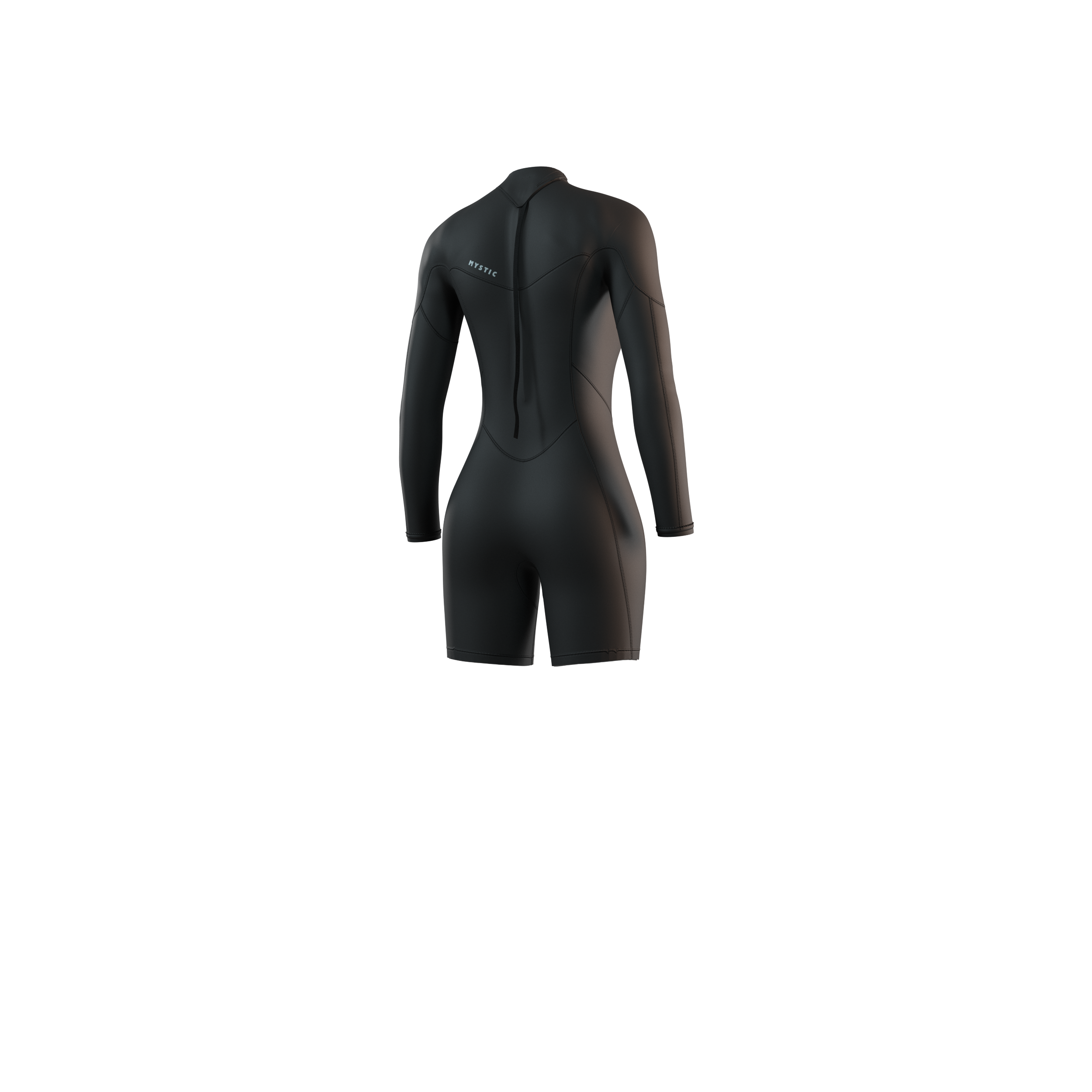 Back view of the Mystic Brand 3/2mm Longarm Shorty women's wetsuit in Black, showing the rear panel design.