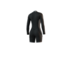 Side profile view of the Mystic Brand 3/2mm Longarm Shorty women's wetsuit in Black, highlighting the fit and silhouette.