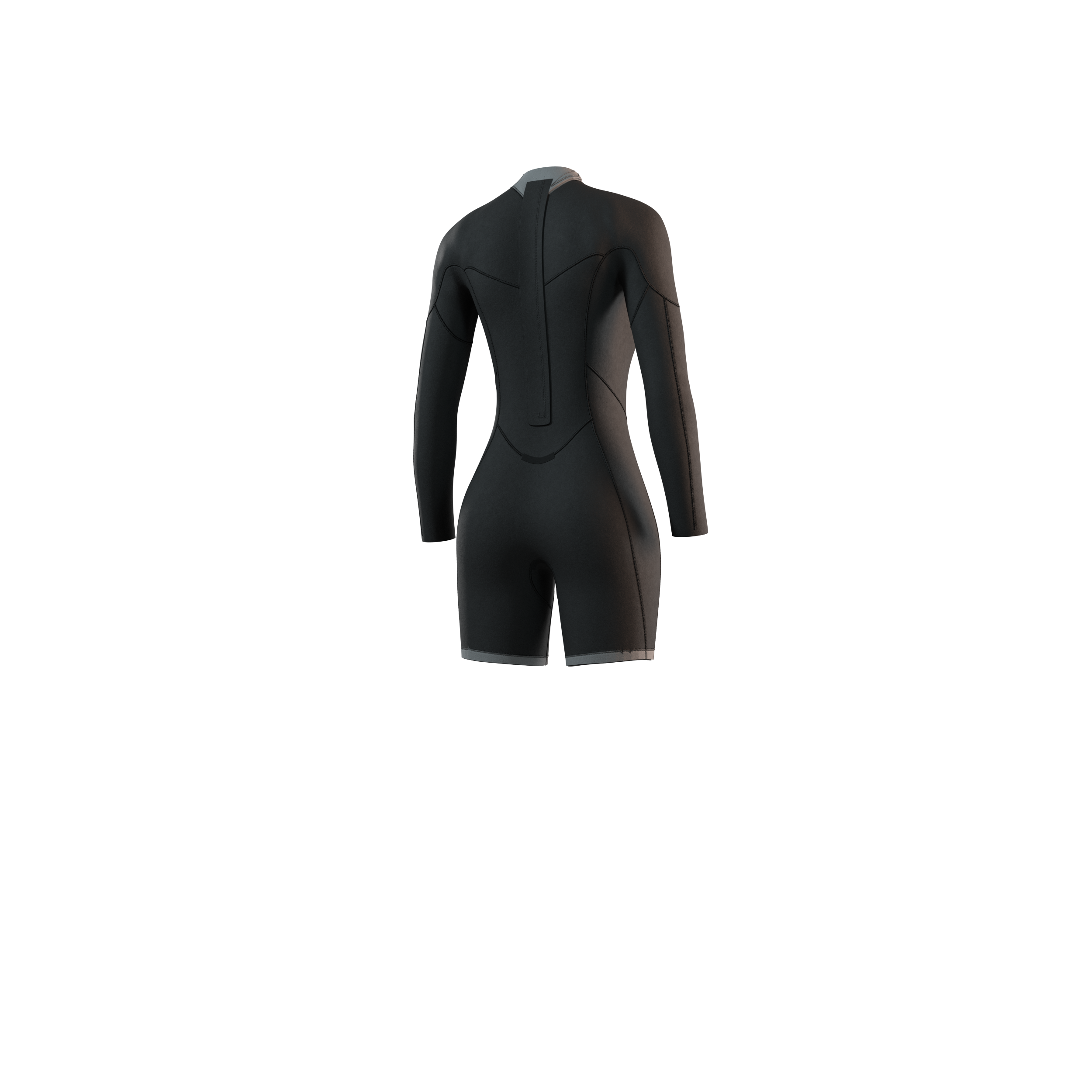 Side profile view of the Mystic Brand 3/2mm Longarm Shorty women's wetsuit in Black, highlighting the fit and silhouette.