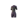 Front-facing studio photo of the Mystic Brand 3/2mm Shorty women's wetsuit in Deep Purple, showing the back-zip closure.