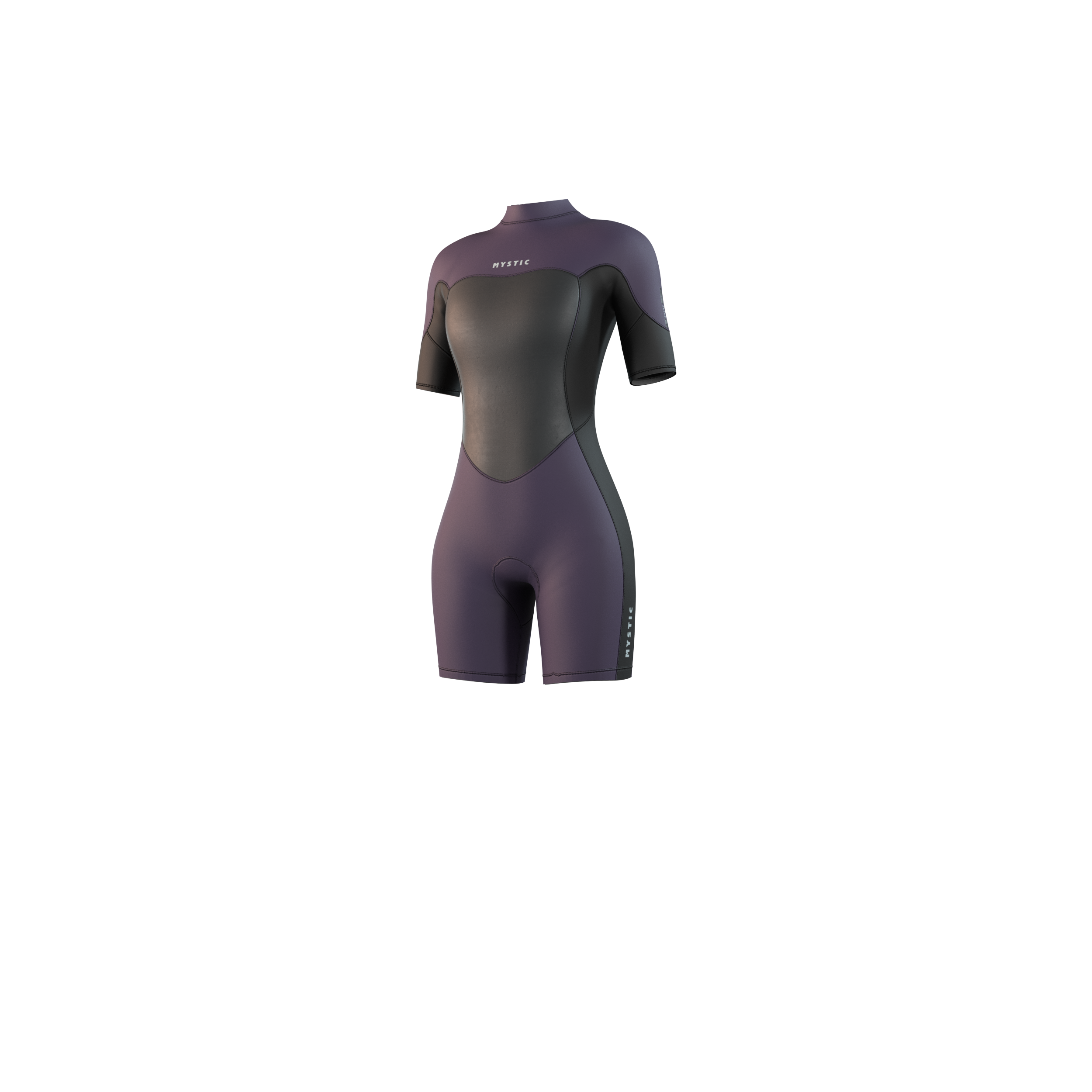 Front-facing studio photo of the Mystic Brand 3/2mm Shorty women's wetsuit in Deep Purple, showing the back-zip closure.