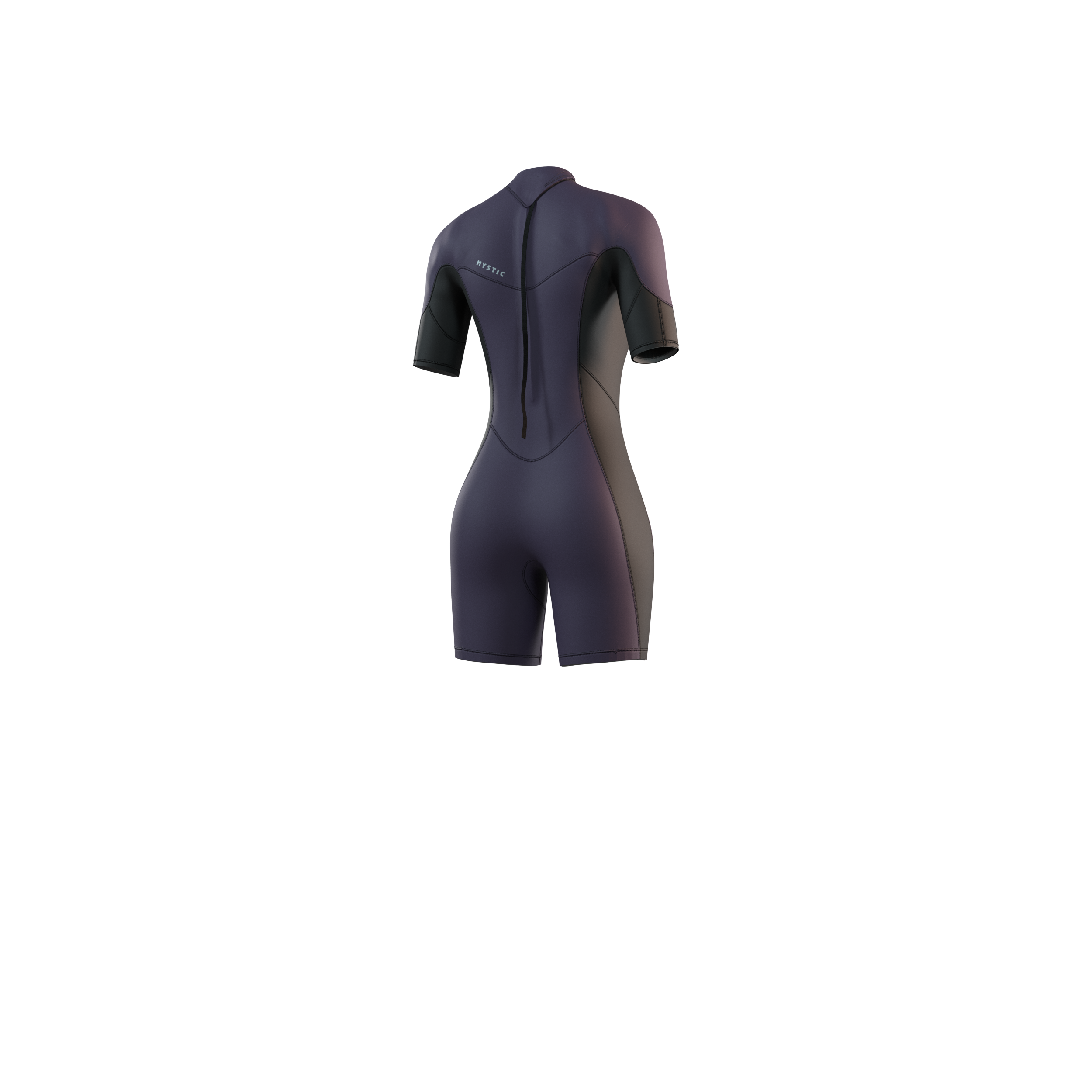 Back view of the Mystic Brand 3/2mm Shorty women's wetsuit in Deep Purple, showing the rear panel design.