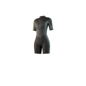Front-facing studio photo of the Mystic Brand 3/2mm Shorty women's wetsuit in Dark Olive, showing the back-zip closure.