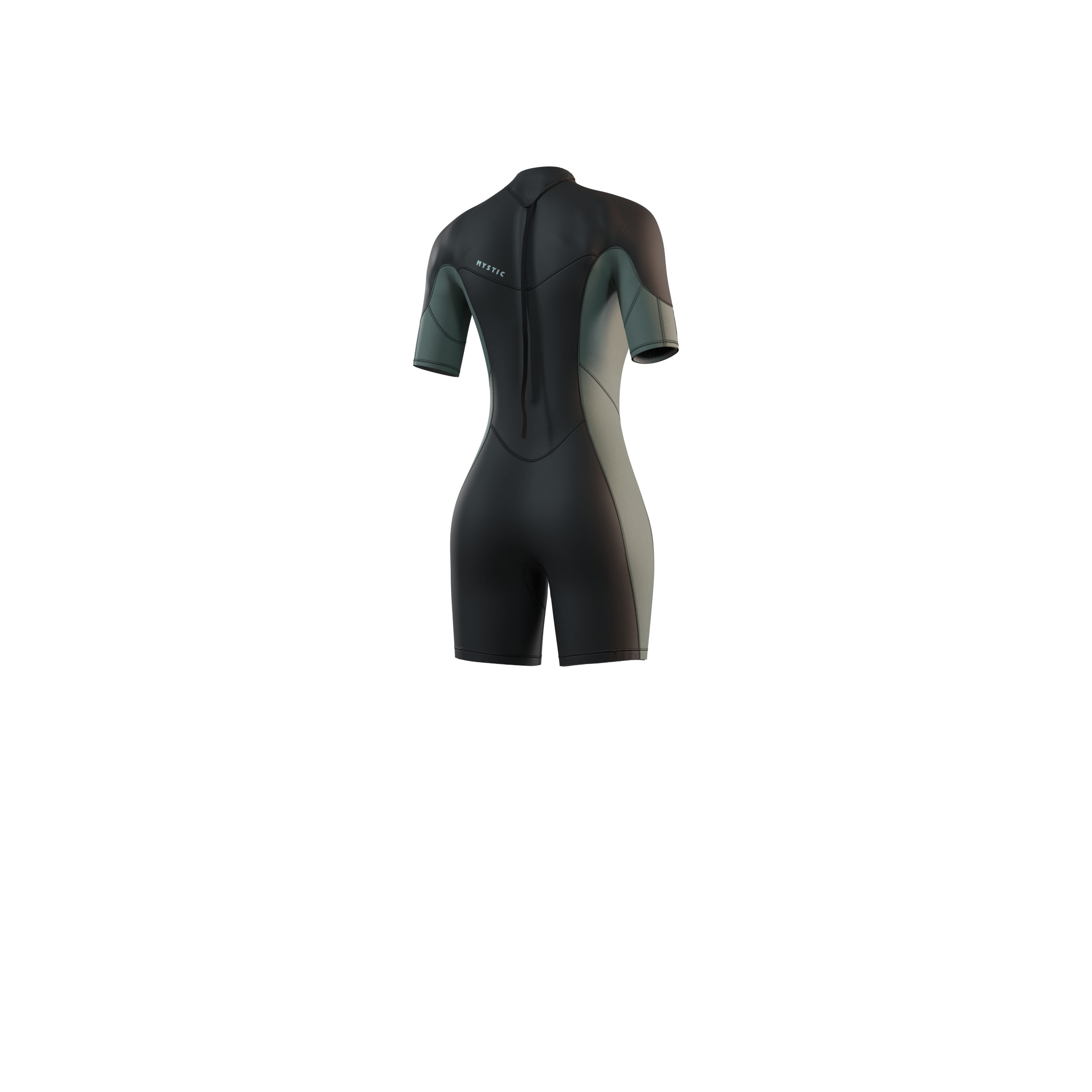 Side profile view of the Mystic Brand 3/2mm Shorty women's wetsuit in Dark Olive, highlighting the fit and silhouette.