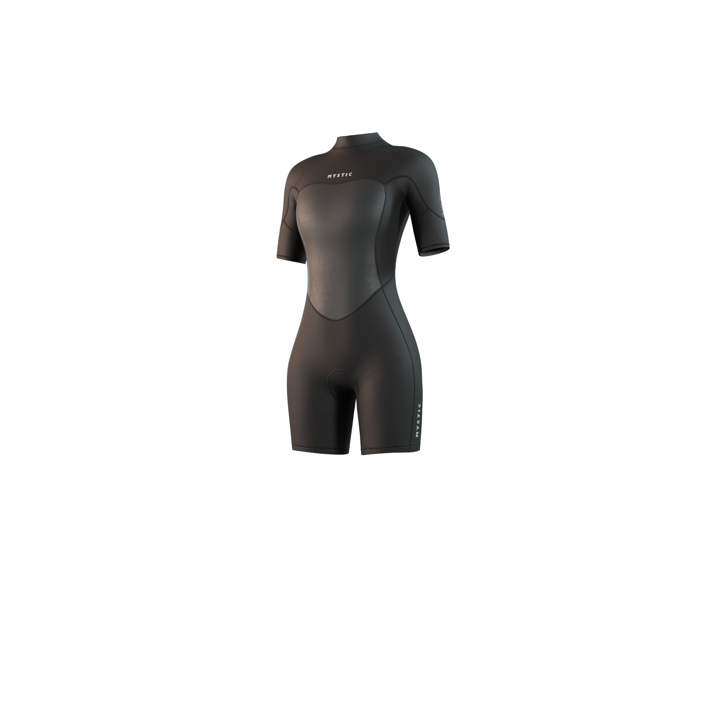 Front-facing studio photo of the Mystic Brand 3/2mm Shorty women's wetsuit in Black, showing the back-zip closure.