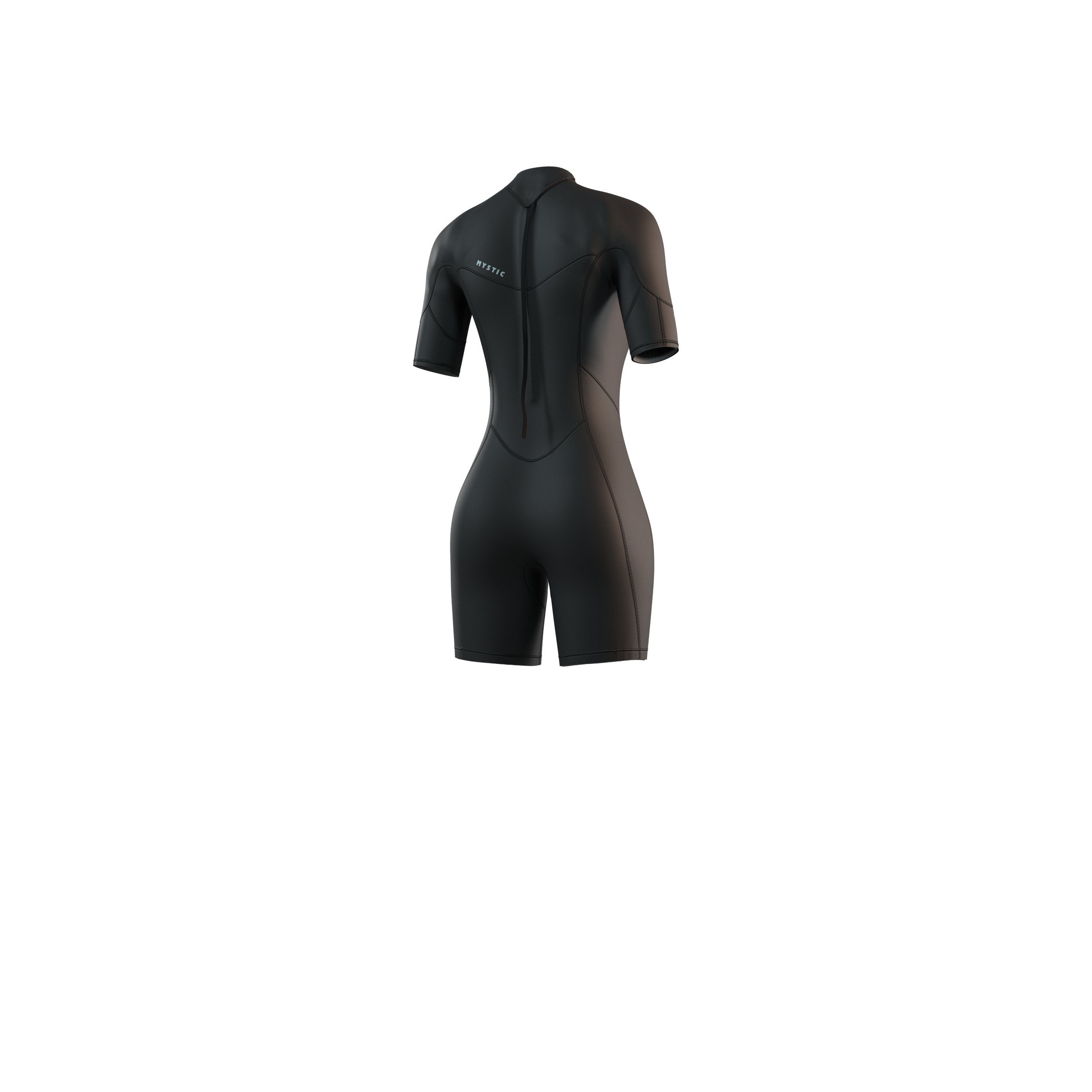 Back view of the Mystic Brand 3/2mm Shorty women's wetsuit in Black, showing the rear panel design.