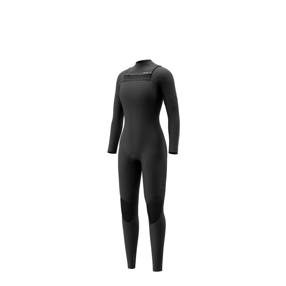 Front-facing studio photo of the Mystic Jayde 5/3mm Fullsuit women's wetsuit in Black, showing the double front-zip closure.