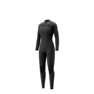 Front-facing studio photo of the Mystic Jayde 4/3mm Fullsuit women's wetsuit in Black, showing the double front-zip closure.