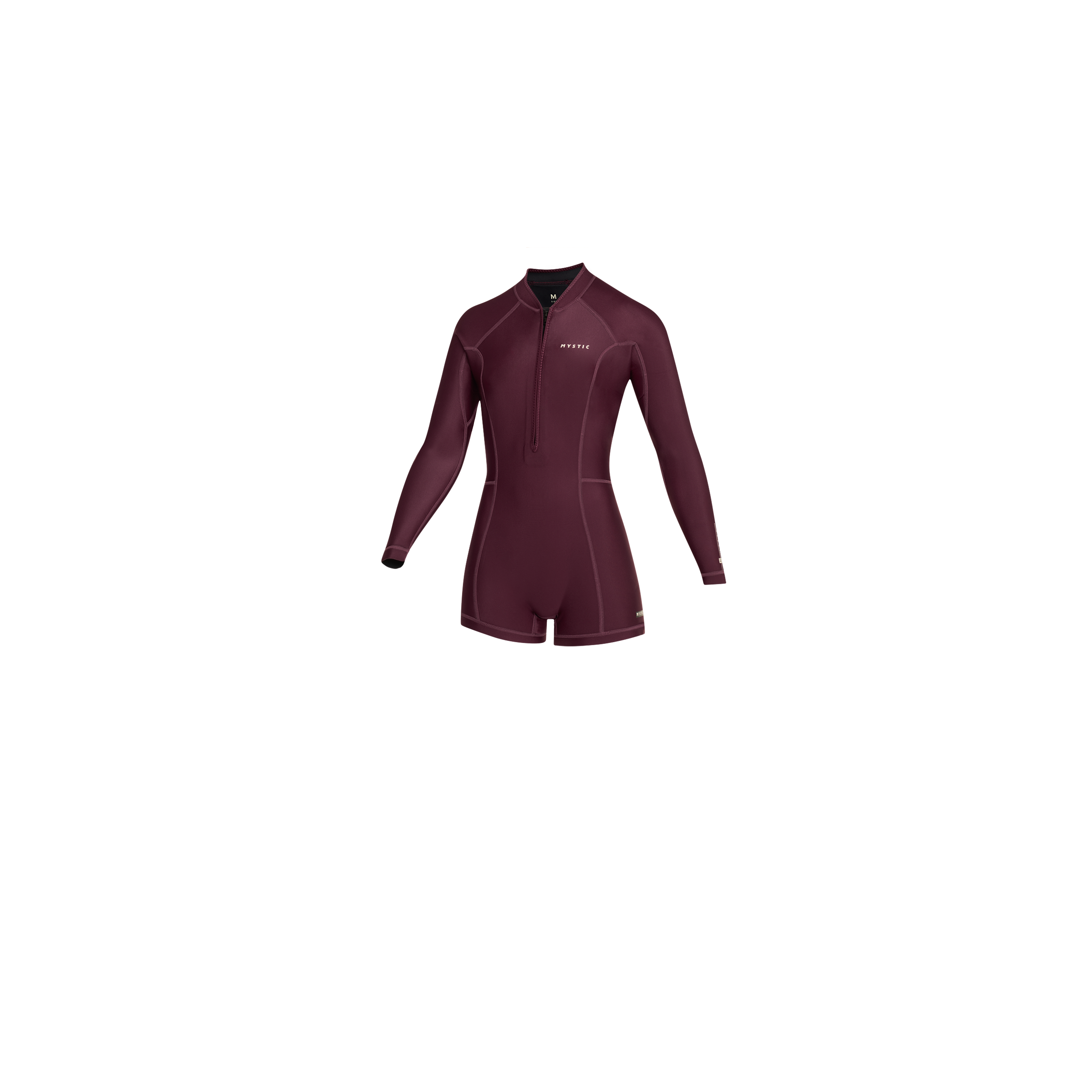 Front-facing studio photo of the Mystic Lunar 2/2mm Longarm Shorty women's wetsuit in Oxblood Red, showing the front-zip closure.