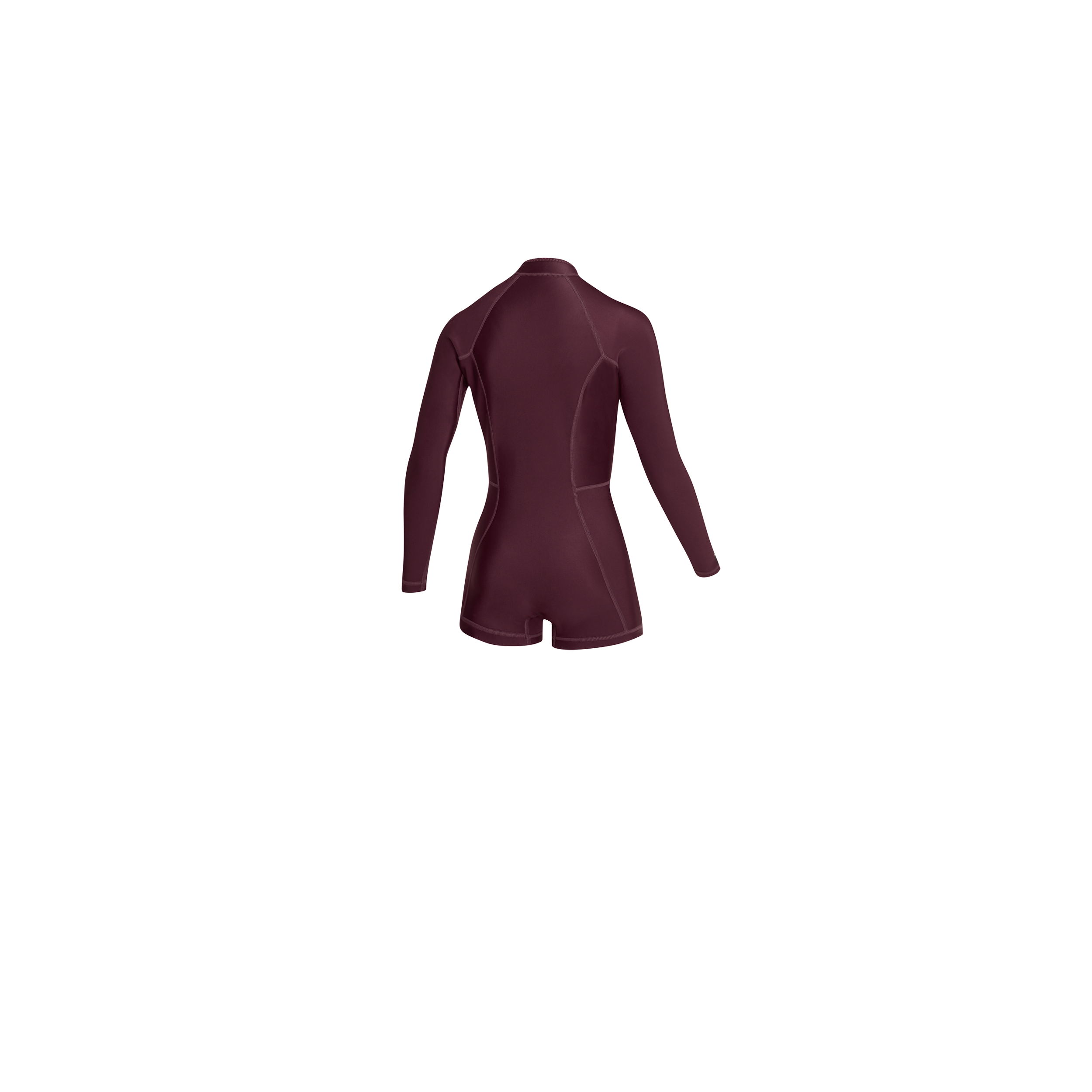 Back view of the Mystic Lunar 2/2mm Longarm Shorty women's wetsuit in Oxblood Red, showing the rear panel design.