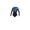 Front-facing studio photo of the Mystic Sway 2/2mm Longarm Super Shorty women's wetsuit in Ocean, showing the front-zip closure.