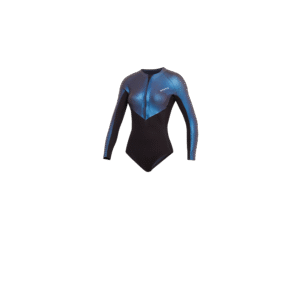 Front-facing studio photo of the Mystic Sway 2/2mm Longarm Super Shorty women's wetsuit in Ocean, showing the front-zip closure.