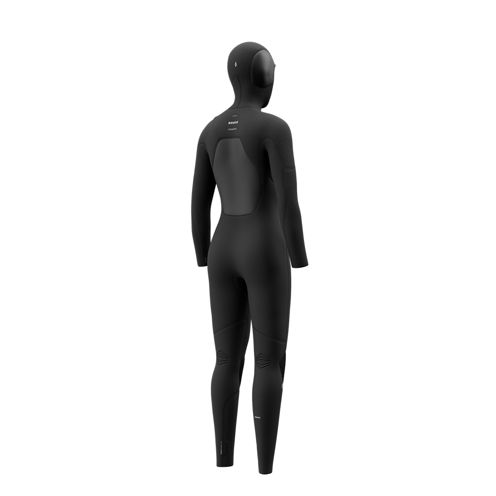 Back view of the Mystic Gem 6/4/3mm Hooded Fullsuit women's wetsuit in Black, showing the rear panel design.