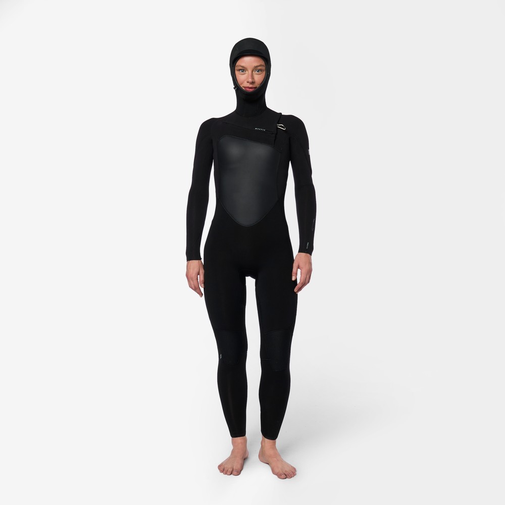 Side profile view of the Mystic Gem 6/4/3mm Hooded Fullsuit women's wetsuit in Black, highlighting the fit and silhouette.