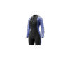 Front-facing studio photo of the Mystic Haven 3/2mm Longarm Shorty women's wetsuit in Iris Blue, showing the double front-zip closure.