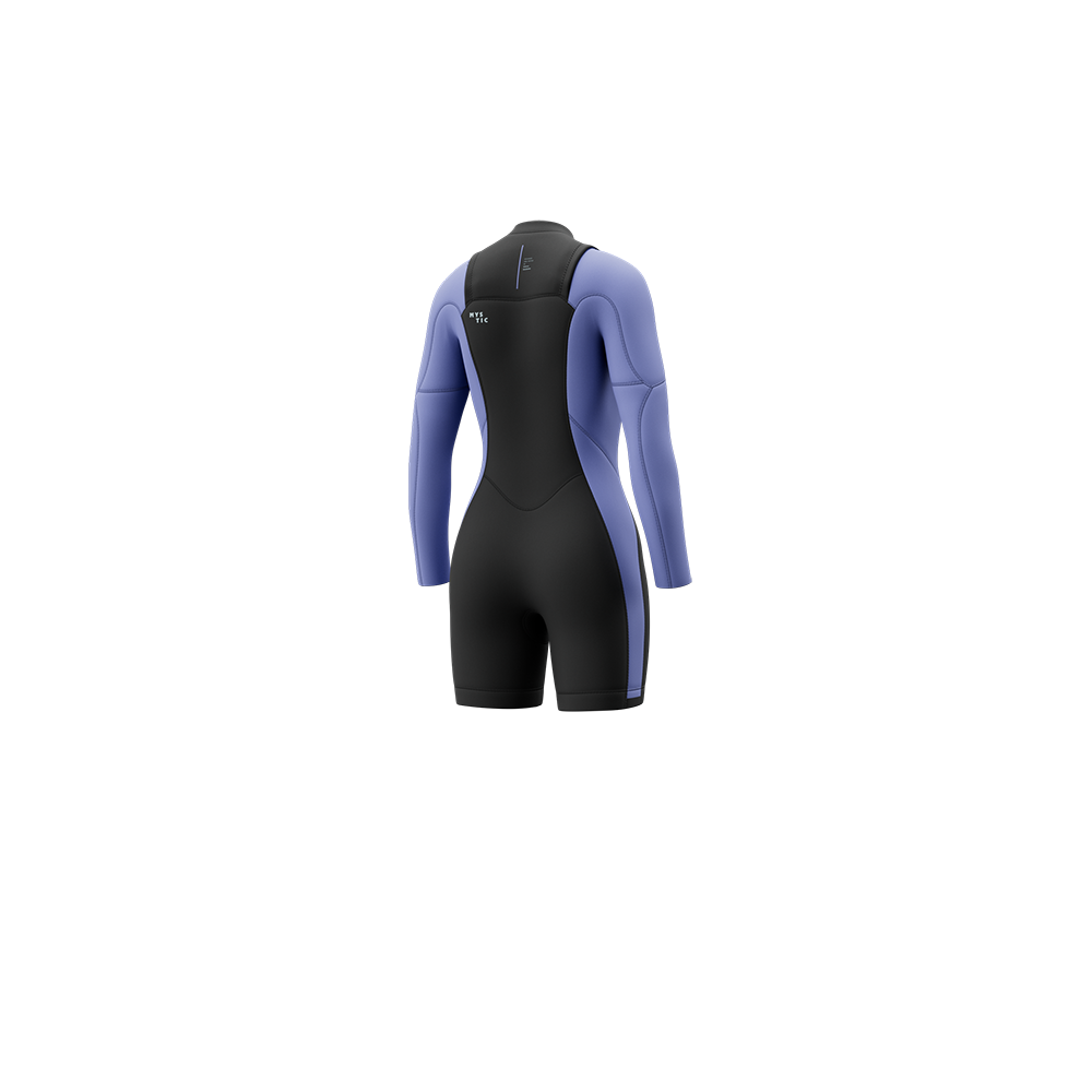 Back view of the Mystic Haven 3/2mm Longarm Shorty women's wetsuit in Iris Blue, showing the rear panel design.
