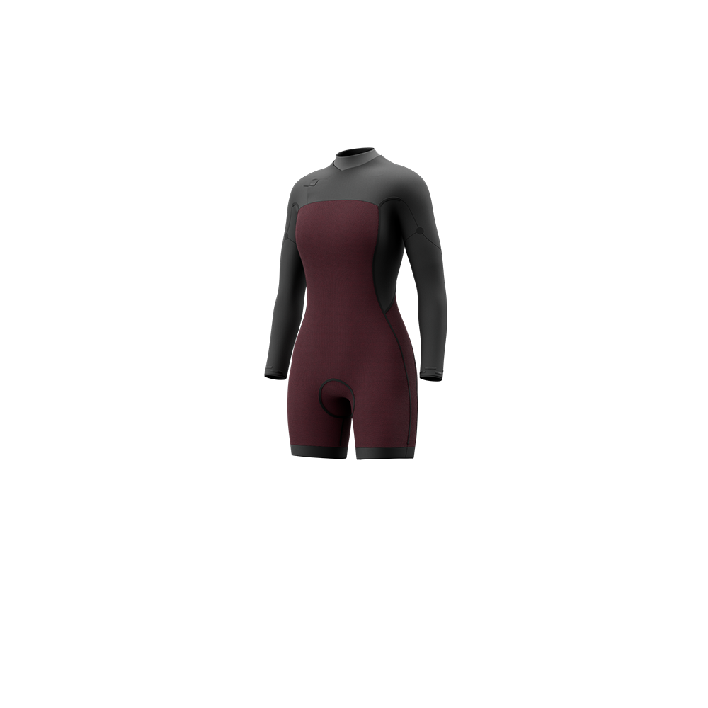 Side profile view of the Mystic Haven 3/2mm Longarm Shorty women's wetsuit in Iris Blue, highlighting the fit and silhouette.