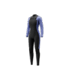 Front-facing studio photo of the Mystic Haven 4/3mm Fullsuit women's wetsuit in Iris Blue, showing the double front-zip closure.