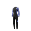 Front-facing studio photo of the Mystic Haven 3/2mm Fullsuit women's wetsuit in Iris Blue, showing the double front-zip closure.
