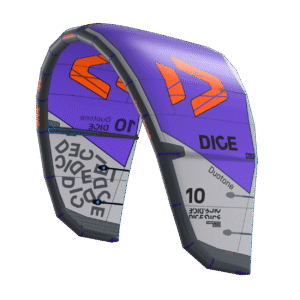 Duotone Dice SLS Kite 2027 kite three-quarter studio angle, view 1, highlighting the canopy design and bridle setup