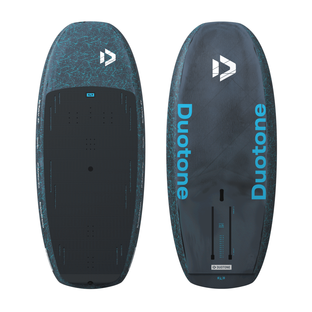 Duotone Sky Style SLS Foil Board 2027 foil board  studio product photo, angle 1, highlighting the deck shape and mast track