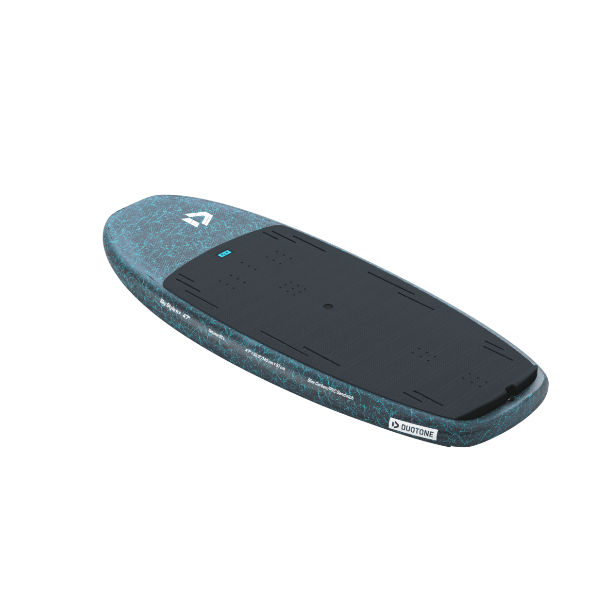 Duotone Sky Style SLS Foil Board 2027 foil board  studio product photo, angle 6, highlighting the deck shape and mast track