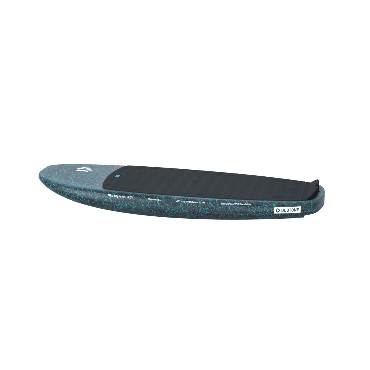 Duotone Sky Style SLS Foil Board 2027 foil board  studio product photo, angle 5, highlighting the deck shape and mast track