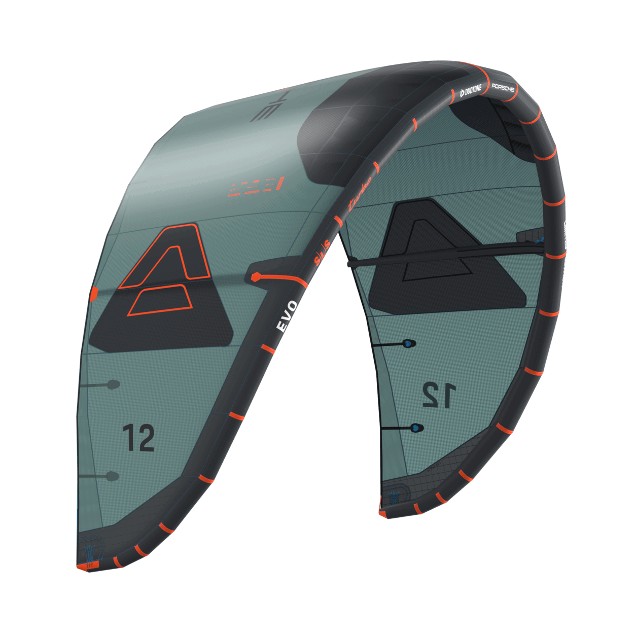 Duotone Evo SLS Porsche Edition kite  three-quarter studio angle, view 2, highlighting the canopy design and bridle setup