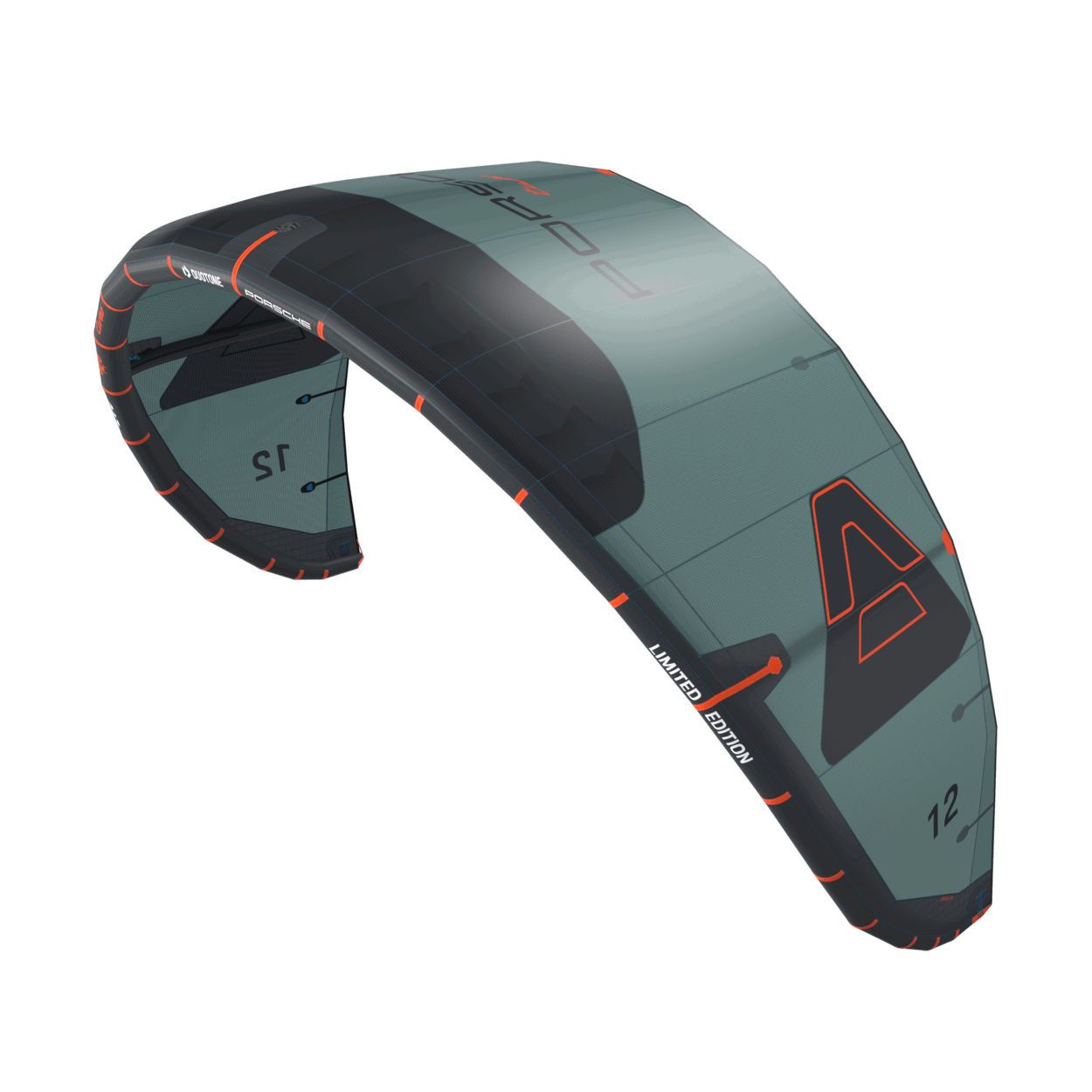Duotone Evo SLS Porsche Edition kite  three-quarter studio angle, view 3, highlighting the canopy design and bridle setup