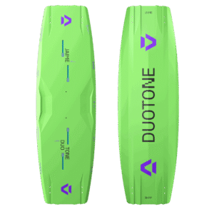 Duotone Jaime Concept Blue Kiteboard 2027  twin-tip kiteboard  studio product photo, angle 1, highlighting the deck graphics and outline shape