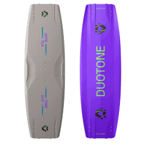 Duotone Jaime SLS Kiteboard 2027  twin-tip kiteboard  studio product photo, angle 1, highlighting the deck graphics and outline shape