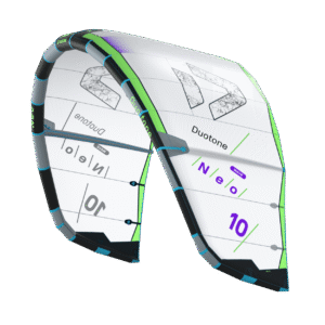 Duotone Neo Kite 2027 kite three-quarter studio angle, view 1, highlighting the canopy design and bridle setup