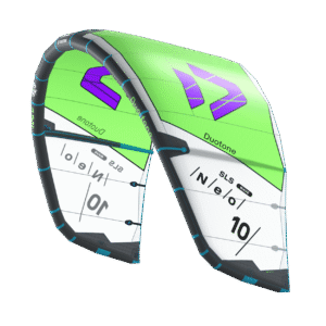 Duotone Neo SLS Kite 2027 kite three-quarter studio angle, view 1, highlighting the canopy design and bridle setup