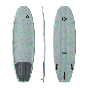 Duotone Provoke Surfboard 2027 kite surfboard studio product photo, angle 1, highlighting the deck shape, rocker and fin setup