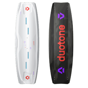 Duotone Select Concept Blue Kiteboard 2027 twin-tip kiteboard studio product photo, angle 1, highlighting the deck graphics and outline shape
