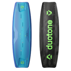 Duotone Select SLS Kiteboard 2027 twin-tip kiteboard studio product photo, angle 1, highlighting the deck graphics and outline shape
