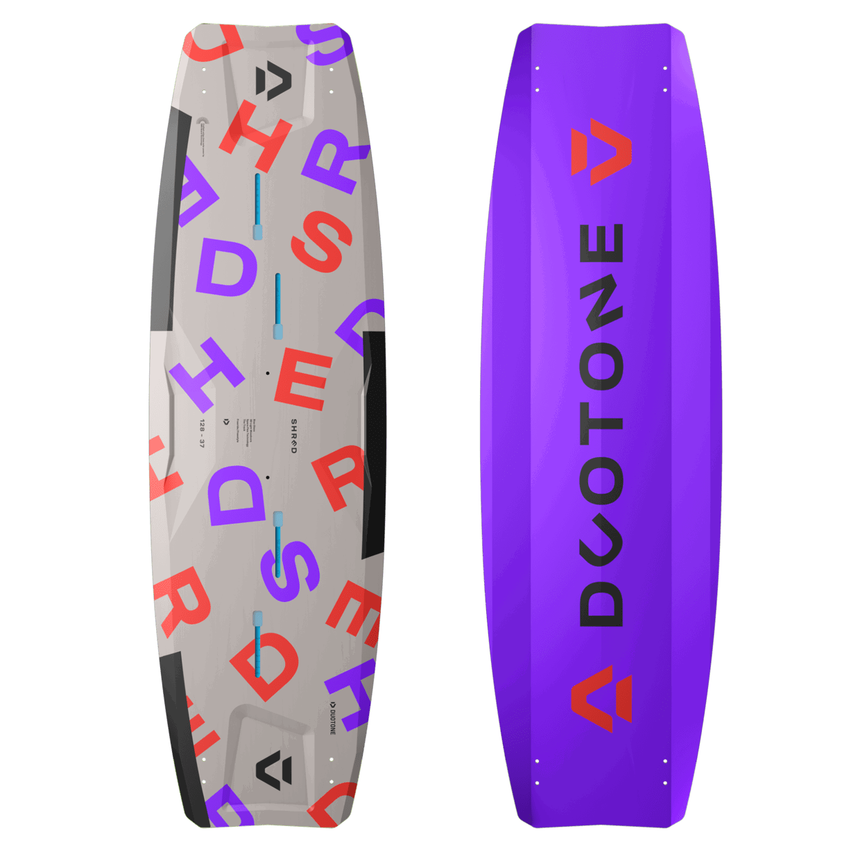 Duotone Shred Kiteboard 2027 twin-tip kiteboard  studio product photo, angle 1, highlighting the deck graphics and outline shape