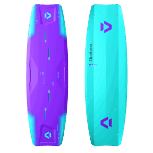 Duotone Soleil Concept Blue Kiteboard 2027 twin-tip kiteboard studio product photo, angle 1, highlighting the deck graphics and outline shape