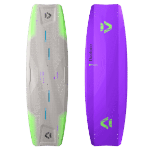 Duotone Soleil SLS Kiteboard 2027 twin-tip kiteboard studio product photo, angle 1, highlighting the deck graphics and outline shape