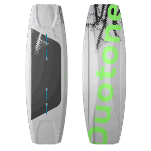 Duotone TS Freestyle SLS Kiteboard 2027  twin-tip kiteboard  studio product photo, angle 1, highlighting the deck graphics and outline shape
