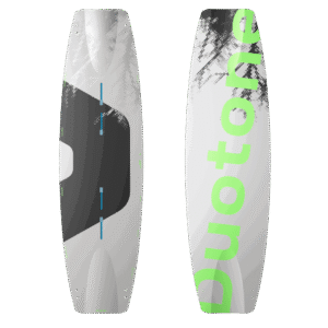 Duotone TS Park Kiteboard 2027 twin-tip kiteboard studio product photo, angle 1, highlighting the deck graphics and outline shape