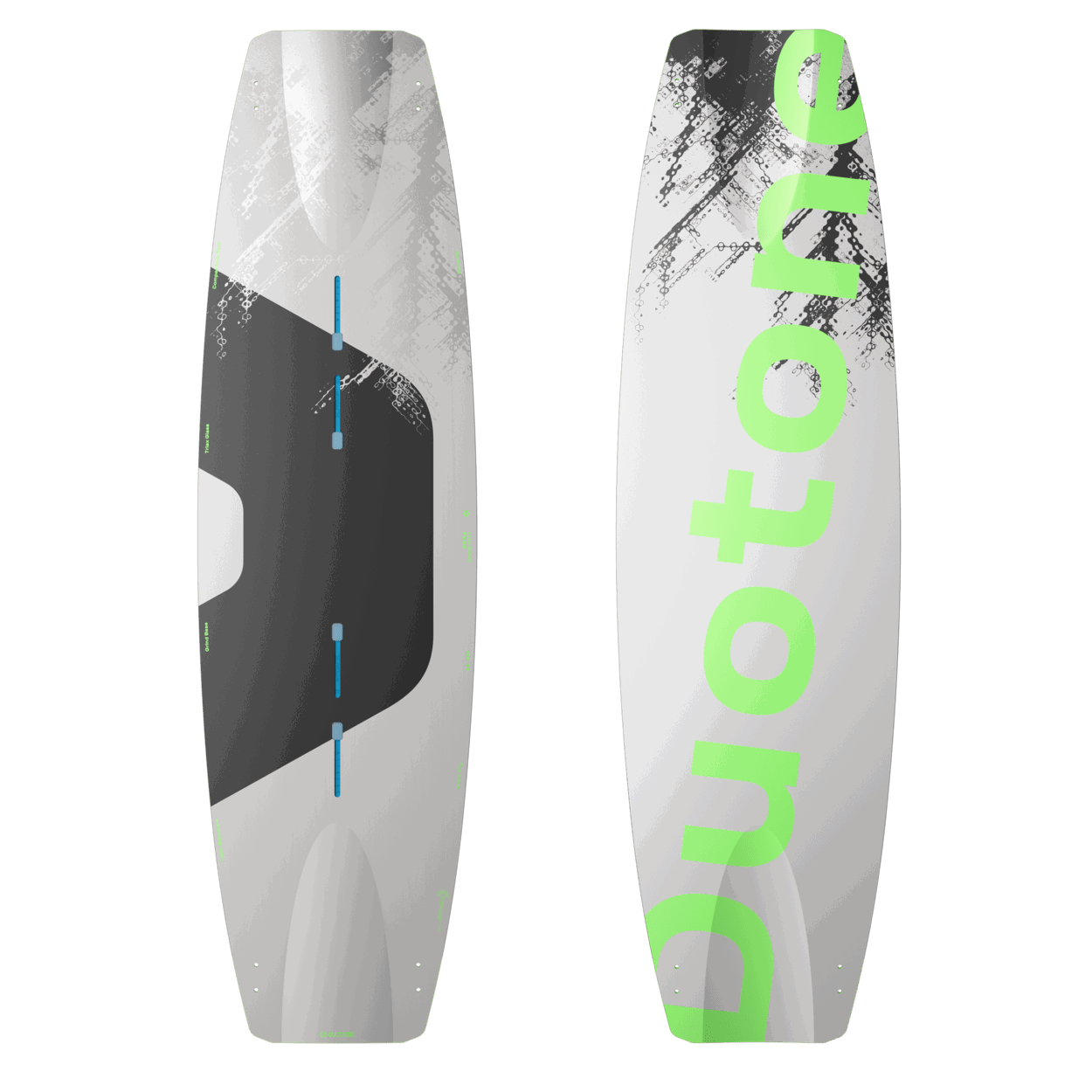 Duotone TS Park Kiteboard 2027 twin-tip kiteboard  studio product photo, angle 1, highlighting the deck graphics and outline shape
