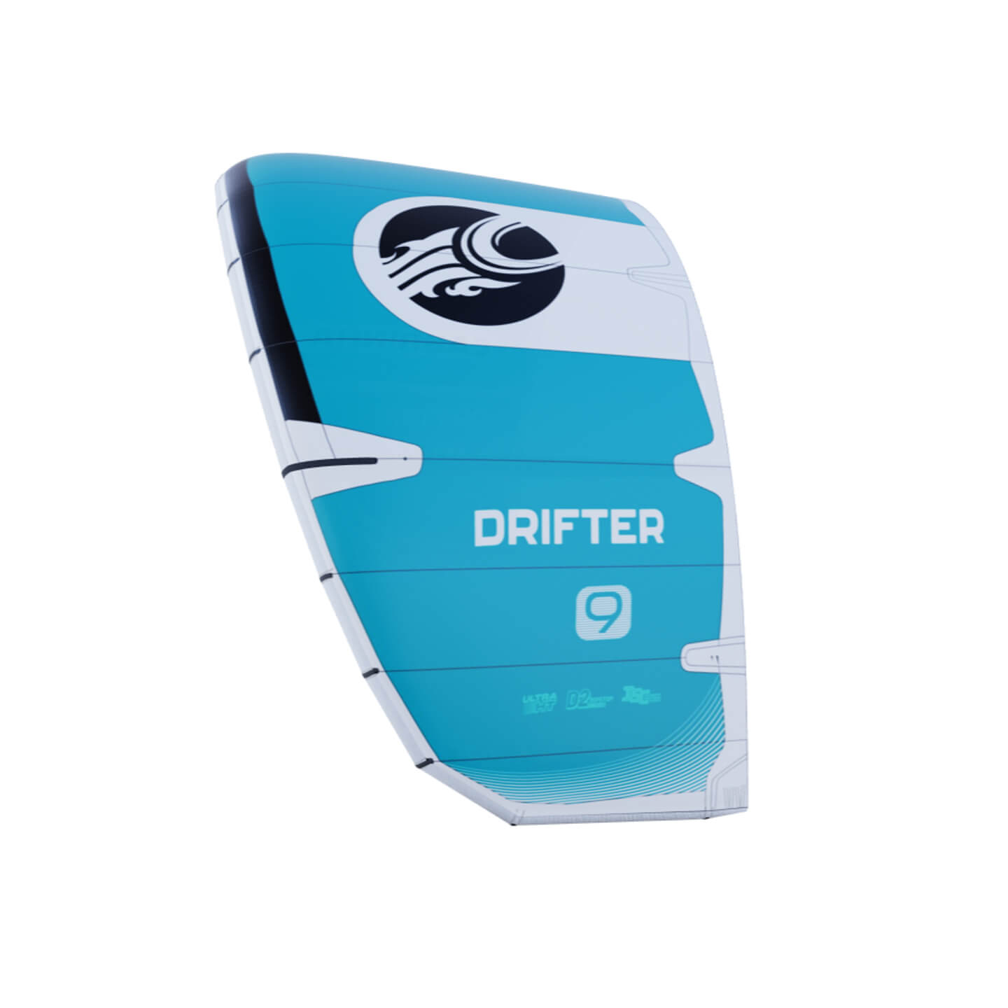 Cabrinha Drifter Apex 2027 Kite C3 colour close-up wingtip view with DRIFTER 9 logo and Cabrinha wave emblem